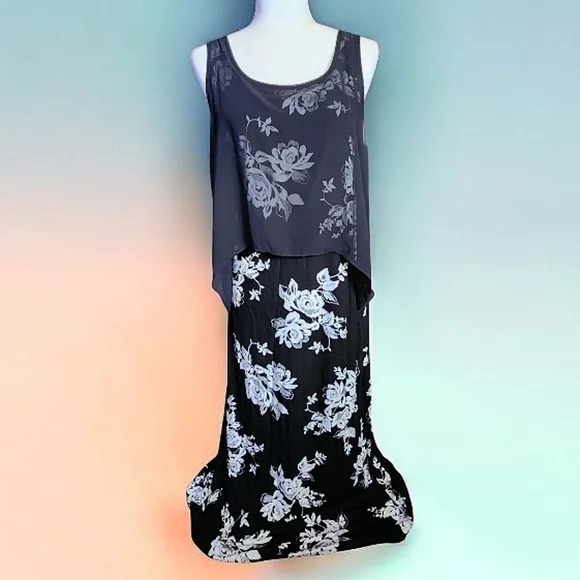 Floral Black and White Sleeveless Dress Size L - Picture 1 of 2
